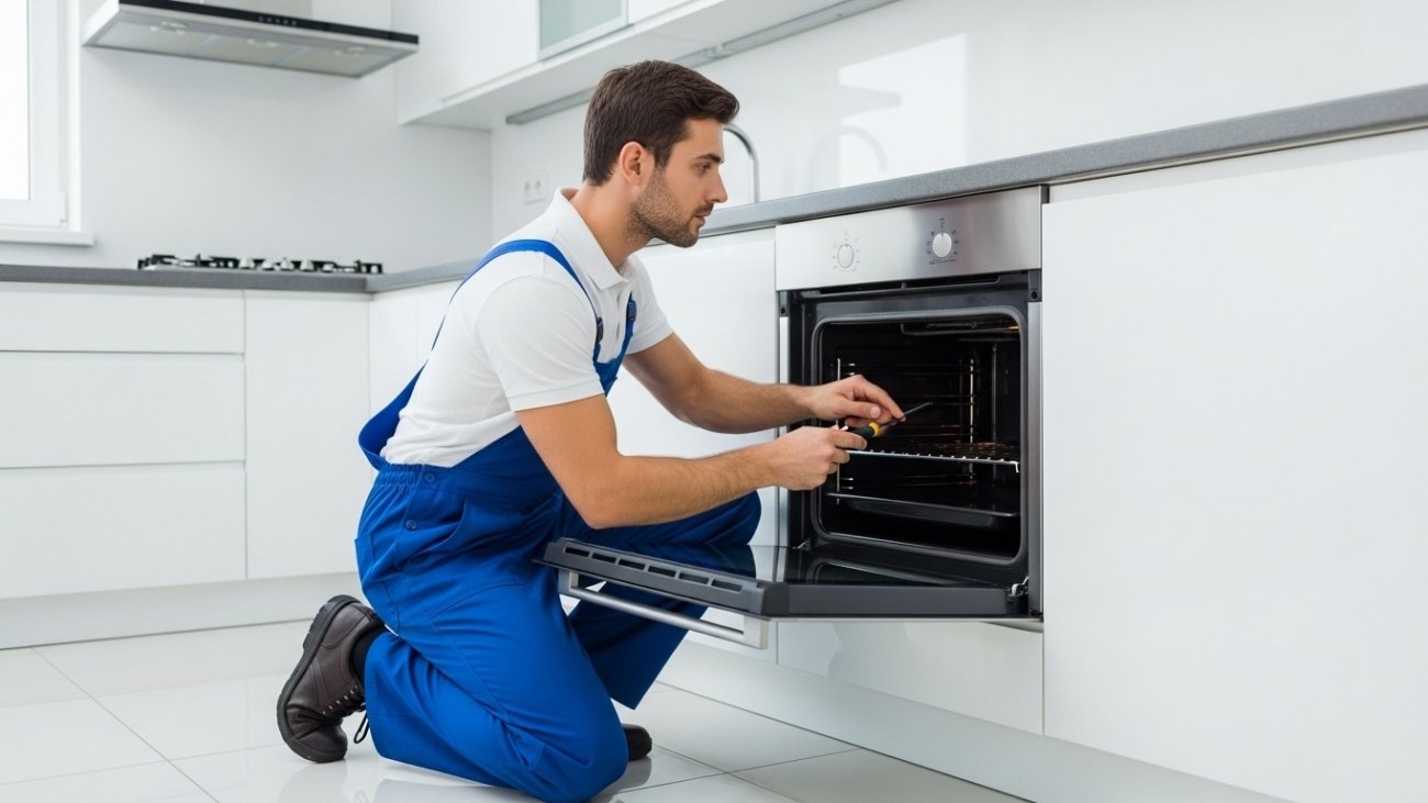 Professional technician repairing a built in gas cooker oven in a modern UAE kitchen.