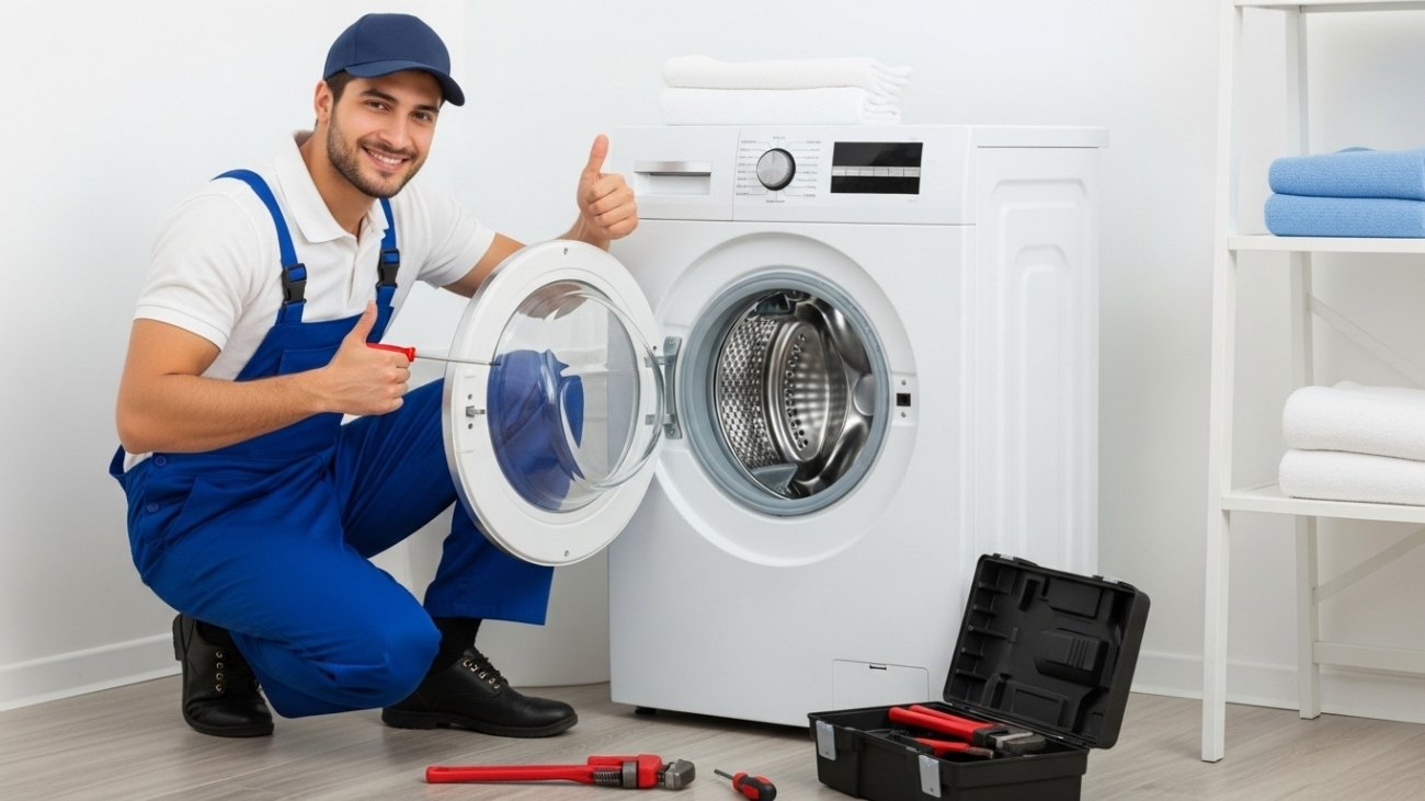 A professional technician repairing a front-load washing machine in Dubai SK Technical Services UAE.