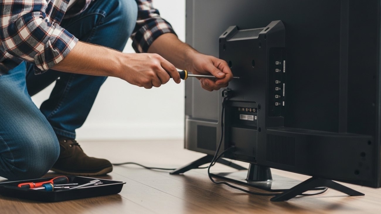 Technician repairing the back panel of a flat screen TV using tools in a modern UAE home.