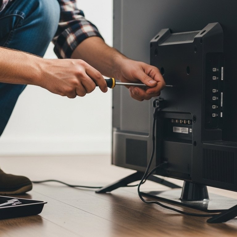 Technician repairing the back panel of a flat screen TV using tools in a modern UAE home.