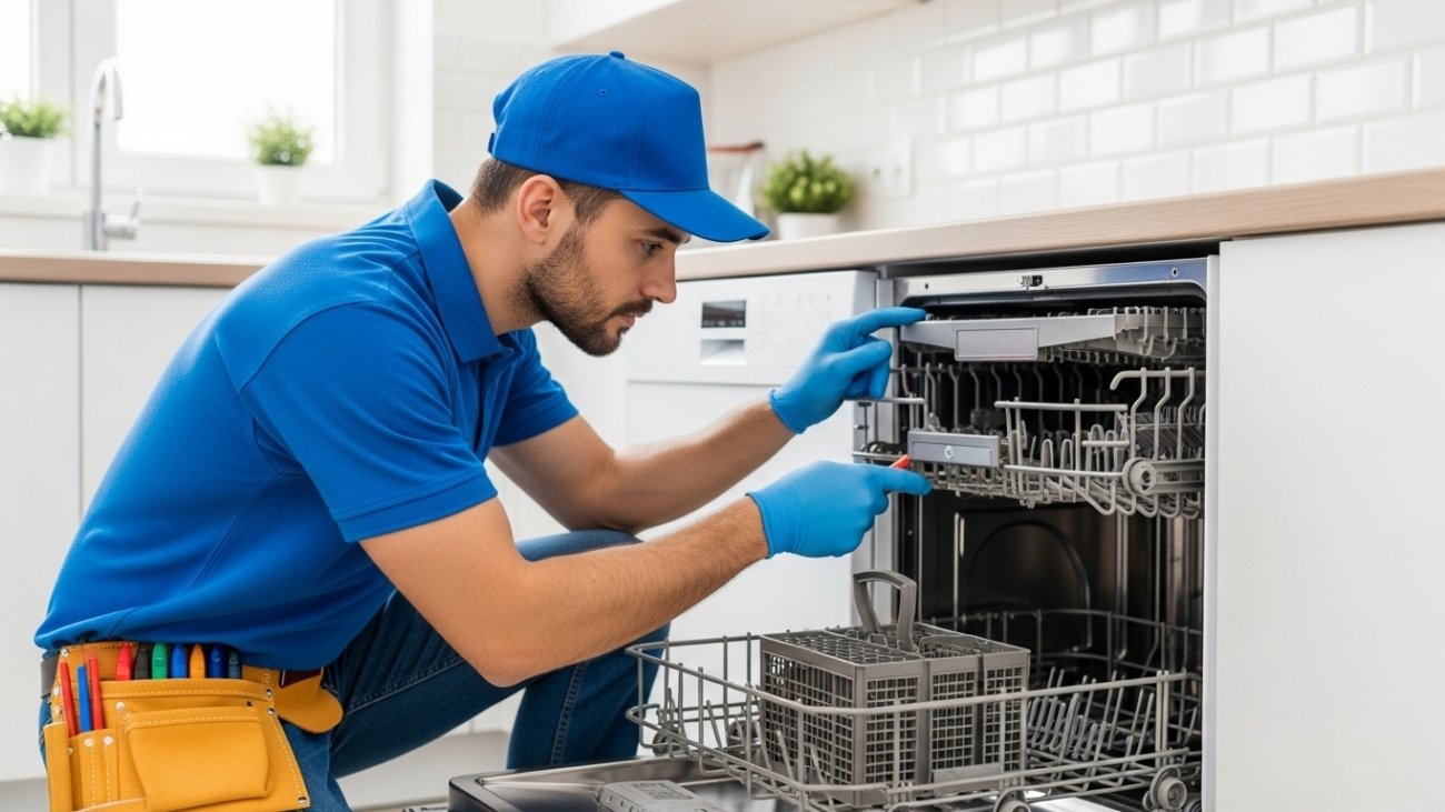 Technician repairing a built in dishwasher in a modern UAE kitchen
