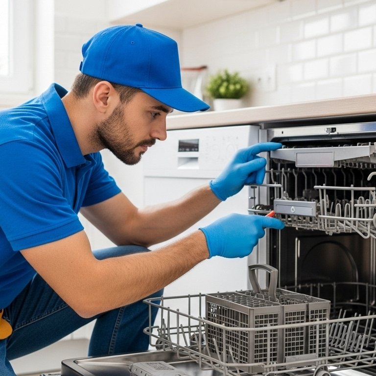 Technician repairing a built in dishwasher in a modern UAE kitchen