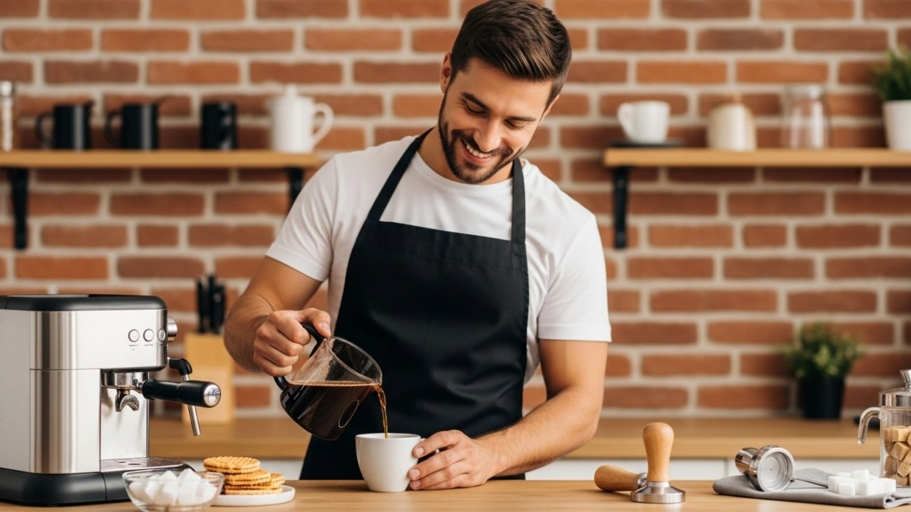 A smiling barista pouring coffee from a glass pot next to a modern espresso machine in a cozy café setup.