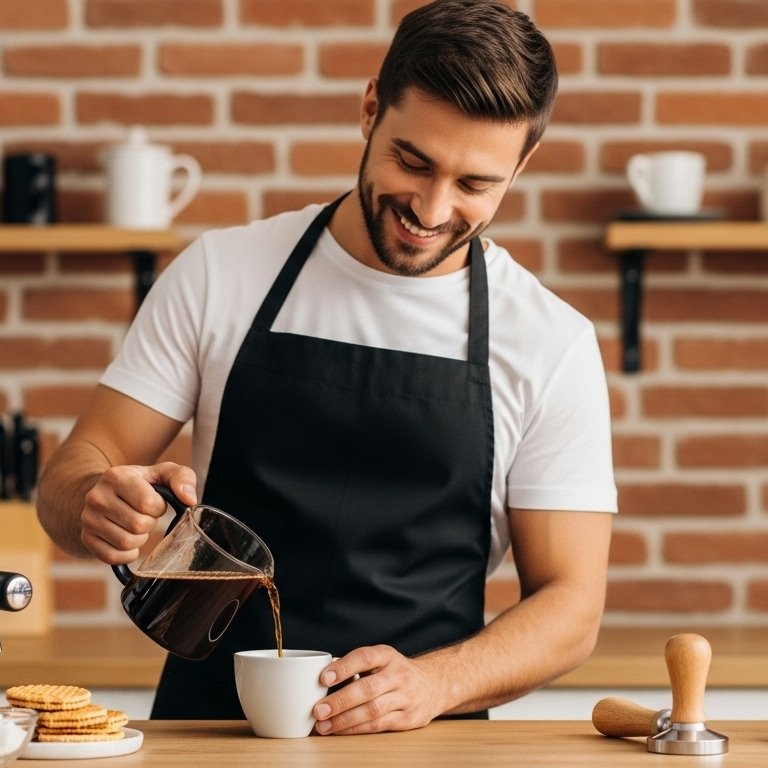 A smiling barista pouring coffee from a glass pot next to a modern espresso machine in a cozy café setup.