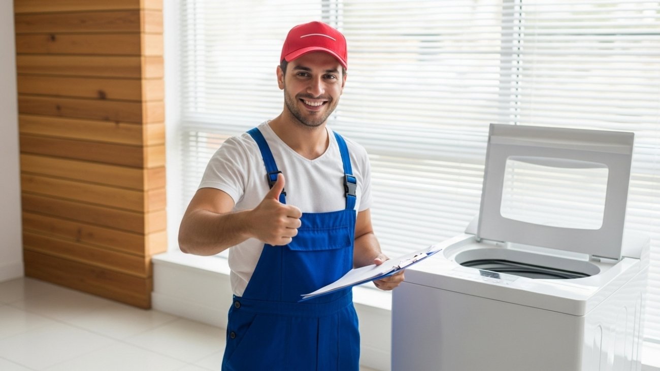 Smiling technician in blue uniform giving thumbs up after completing a washing machine repair in Dubai, UAE.