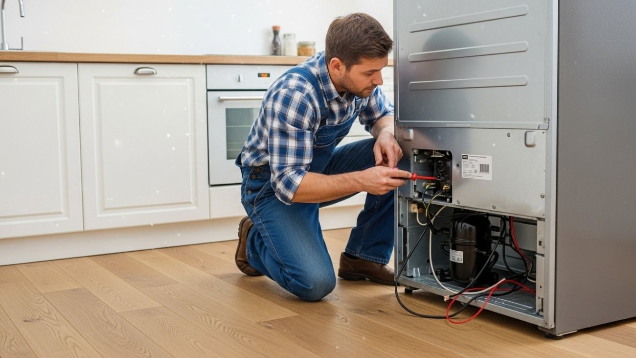 Professional technician repairing refrigerator in a modern Dubai kitchen SK Technical Services UAE.