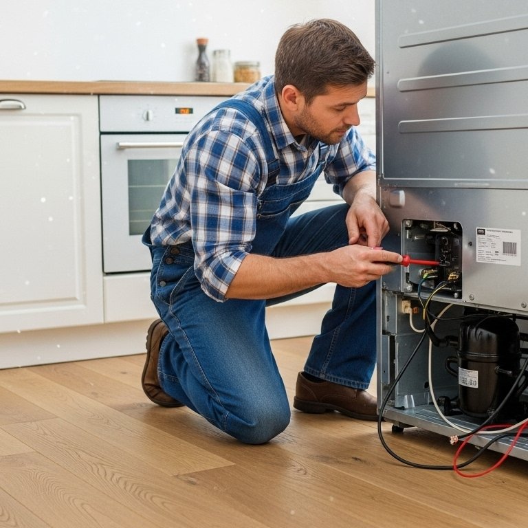 Professional technician repairing refrigerator in a modern Dubai kitchen SK Technical Services UAE.