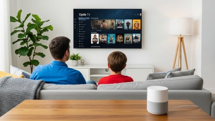 A father and son sitting on a sofa watching movies on a wall mounted smart TV in a modern living room with indoor plants and stylish decor.