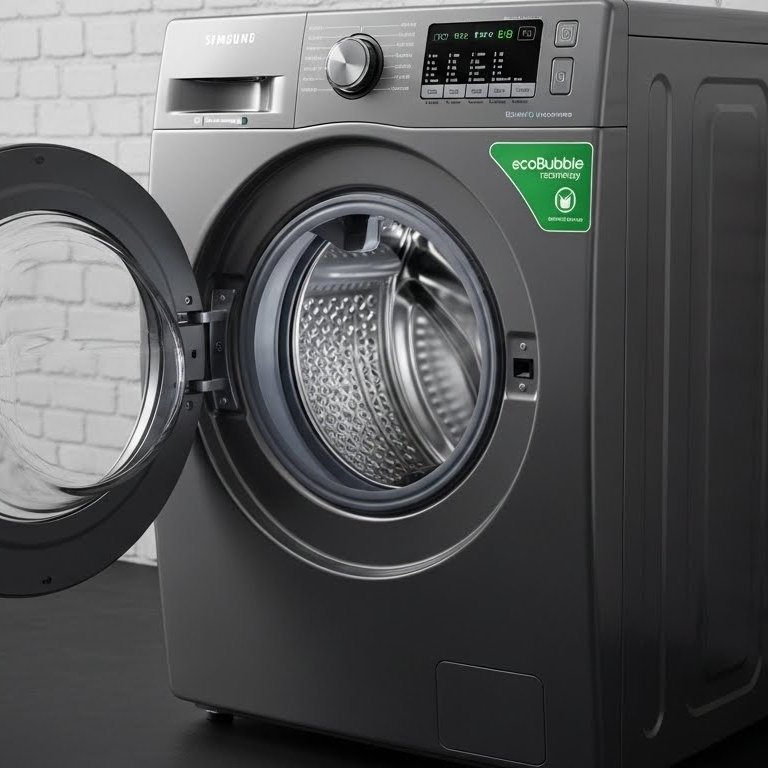 Front-load washing machine with clothes inside, placed between laundry baskets in a modern home laundry area.