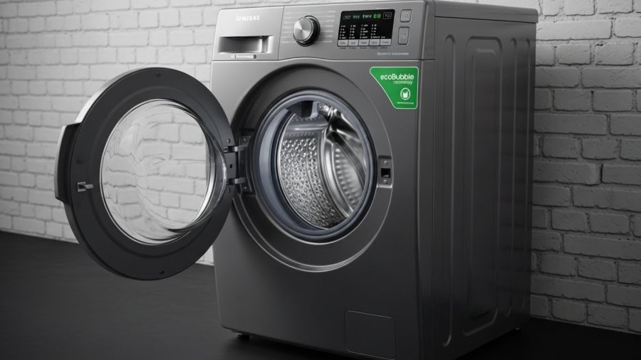 Front-load washing machine with clothes inside, placed between laundry baskets in a modern home laundry area.
